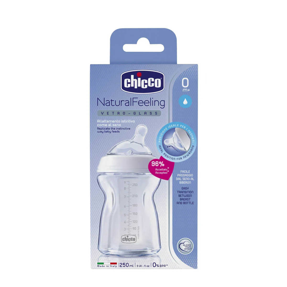 Chicco Natural Feeling Medium Glass Bottle 2m+ 250ml - Image 2