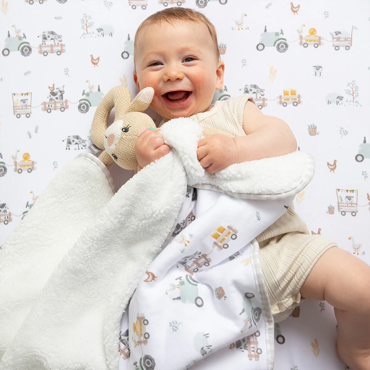 Living Textiles Tractor Ride - Jersey Sherpa Pram Blanket - Image 2